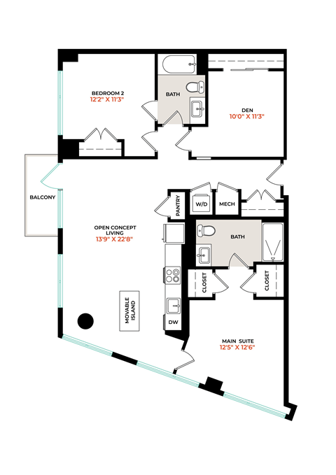 Floor plan for 2 beds, 2 baths, 1282 sqft